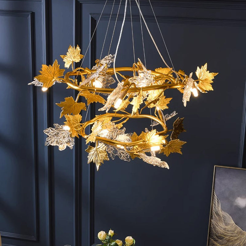 Contemporary Creative Aluminum & Glass Maple Leaf 6/9/14/20-Light Chandelier For Dining Room, Bedroom And Living Room
