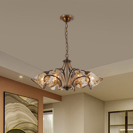 Traditional Vintage Copper & Glass Cone Branch 6/8-Light Chandelier For Dining Room, Living Room And Bedroom