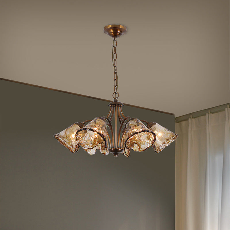 Traditional Vintage Copper & Glass Cone Branch 6/8-Light Chandelier For Dining Room, Living Room And Bedroom
