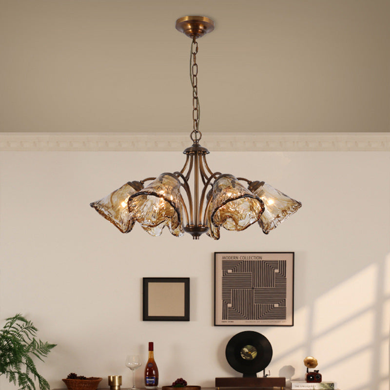Traditional Vintage Copper & Glass Cone Branch 6/8-Light Chandelier For Dining Room, Living Room And Bedroom