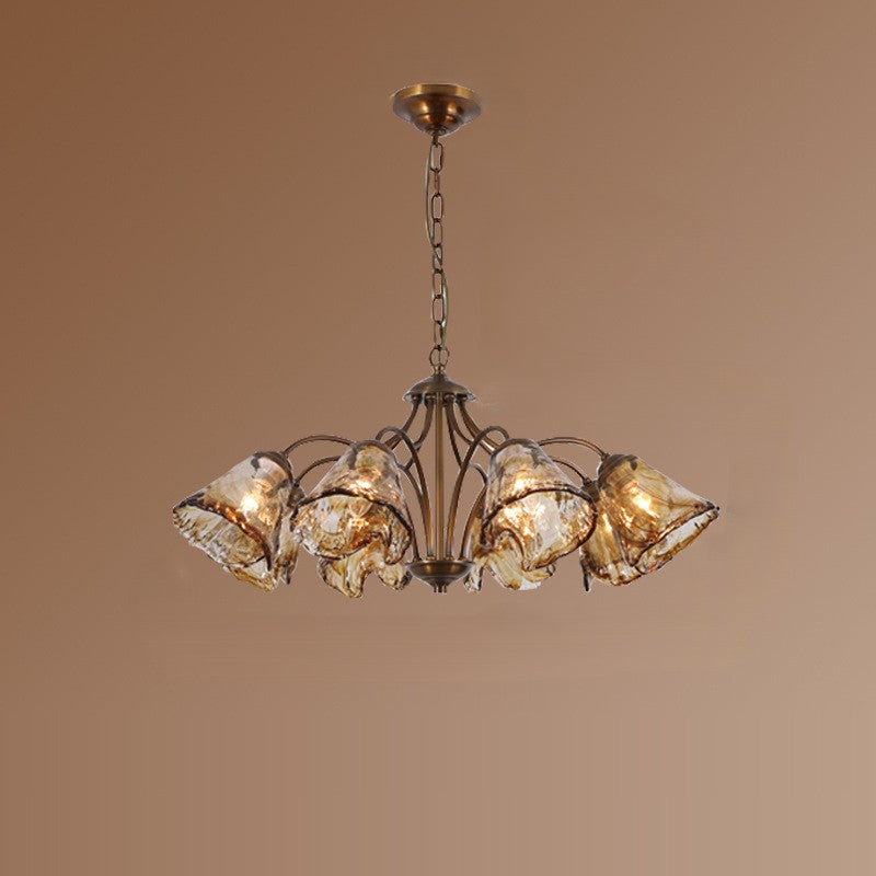Traditional Vintage Copper & Glass Cone Branch 6/8-Light Chandelier For Dining Room, Living Room And Bedroom