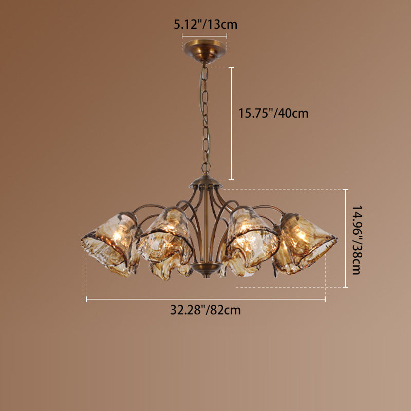 Traditional Vintage Copper & Glass Cone Branch 6/8-Light Chandelier For Dining Room, Living Room And Bedroom