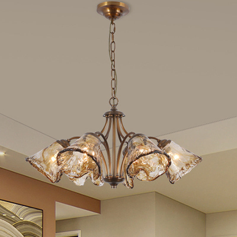 Traditional Vintage Copper & Glass Cone Branch 6/8-Light Chandelier For Dining Room, Living Room And Bedroom