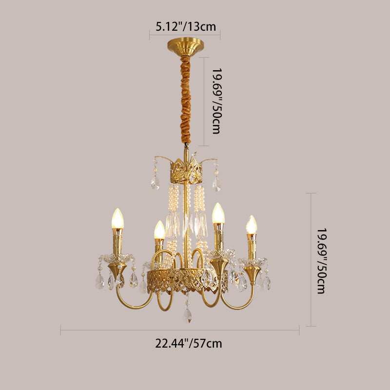 Traditional French Brass & Crystal Candle Branch 4/6/8-Light Chandelier For Bedroom & Living Room