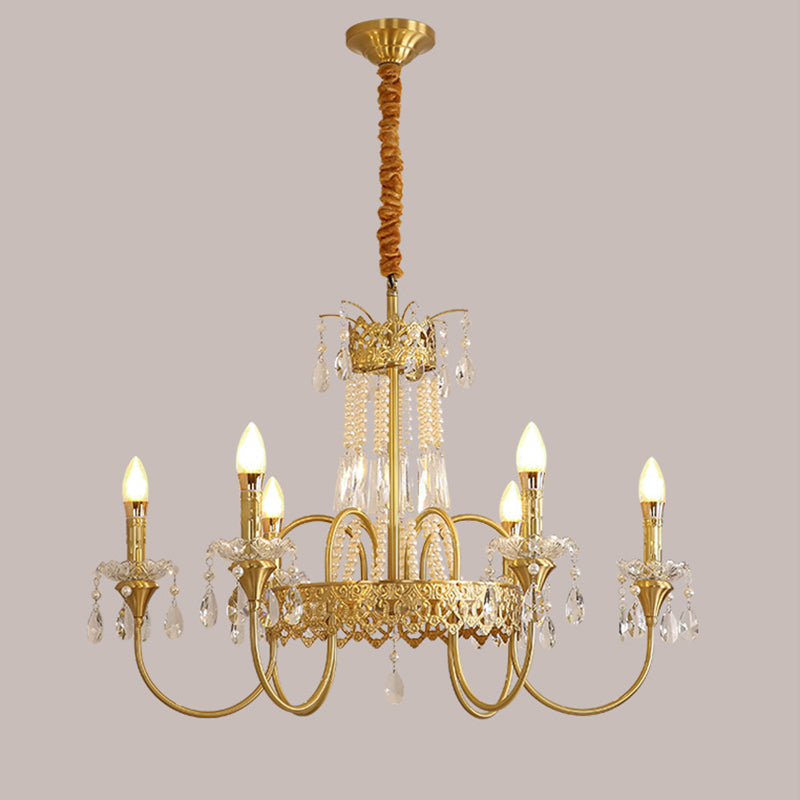 Traditional French Brass & Crystal Candle Branch 4/6/8-Light Chandelier For Bedroom & Living Room