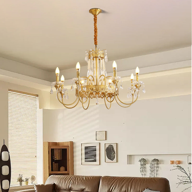 Traditional French Brass & Crystal Candle Branch 4/6/8-Light Chandelier For Bedroom & Living Room