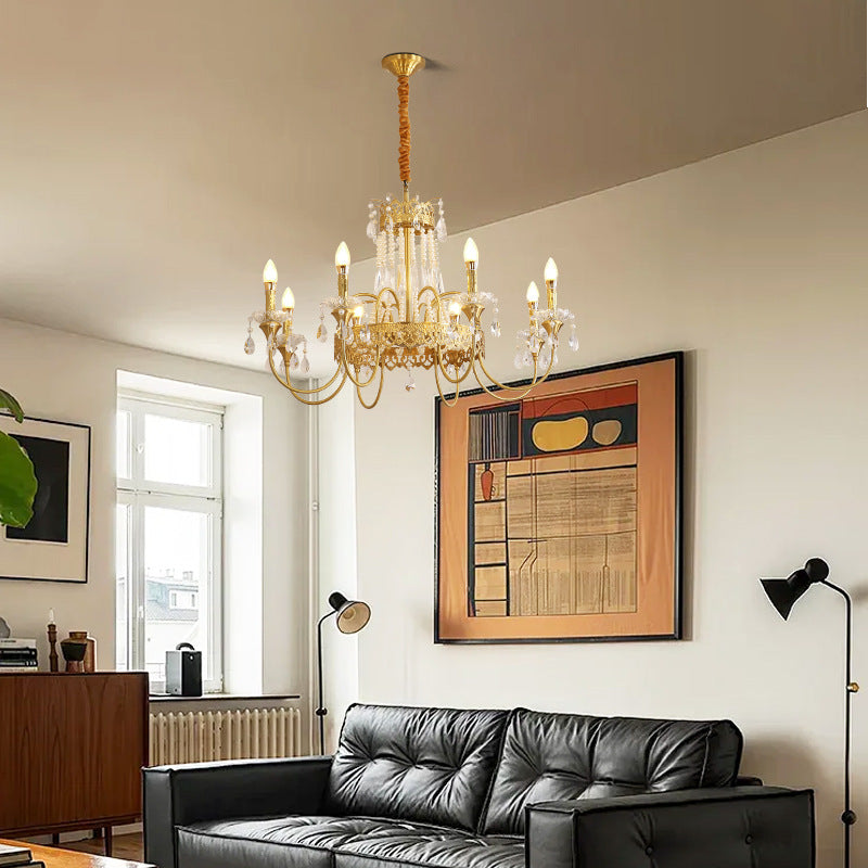 Traditional French Brass & Crystal Candle Branch 4/6/8-Light Chandelier For Bedroom & Living Room