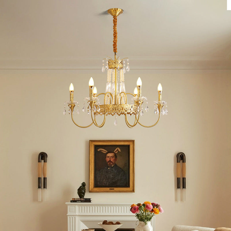 Traditional French Brass & Crystal Candle Branch 4/6/8-Light Chandelier For Bedroom & Living Room