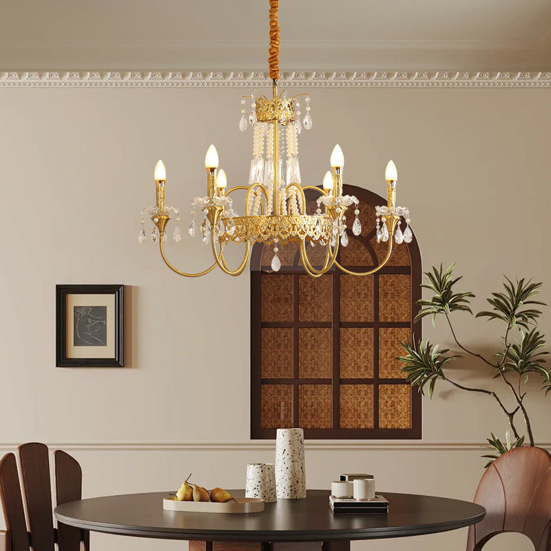 Traditional French Brass & Crystal Candle Branch 4/6/8-Light Chandelier For Bedroom & Living Room