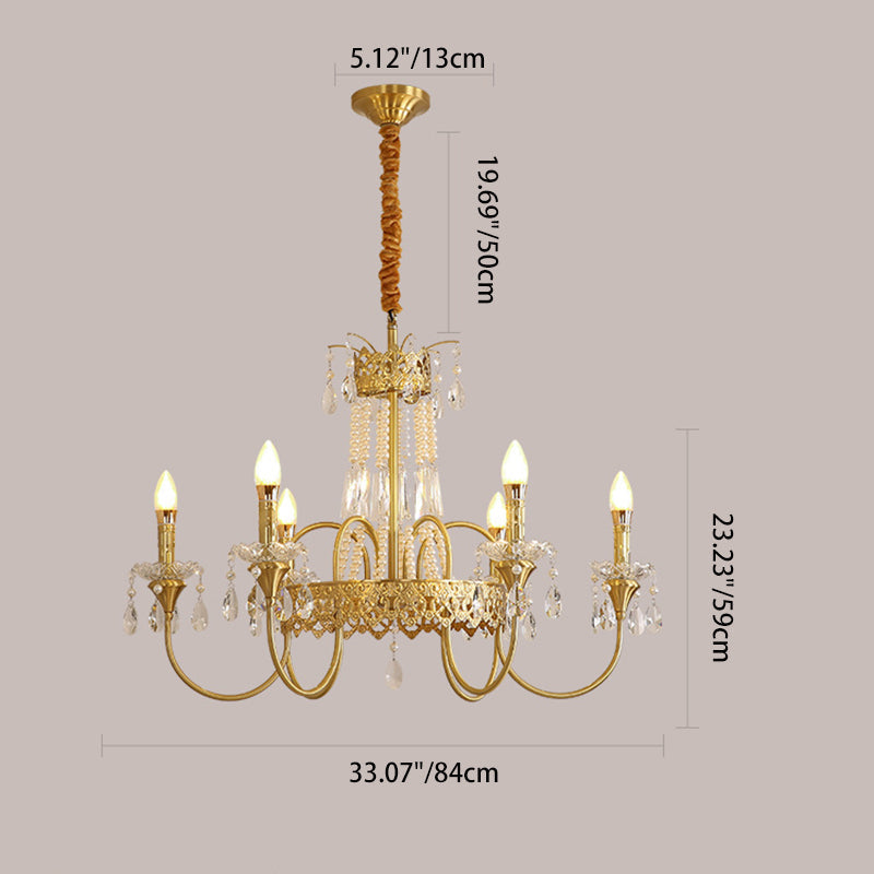 Traditional French Brass & Crystal Candle Branch 4/6/8-Light Chandelier For Bedroom & Living Room
