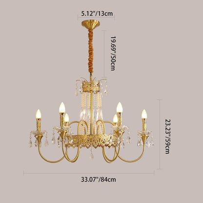 Traditional French Brass & Crystal Candle Branch 4/6/8-Light Chandelier For Bedroom & Living Room