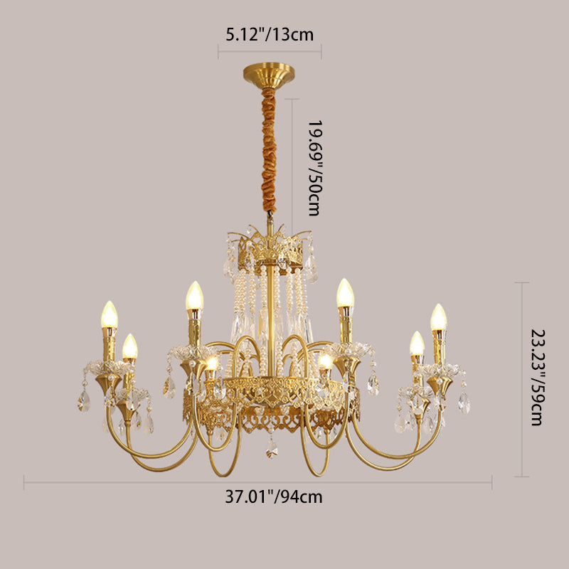 Traditional French Brass & Crystal Candle Branch 4/6/8-Light Chandelier For Bedroom & Living Room