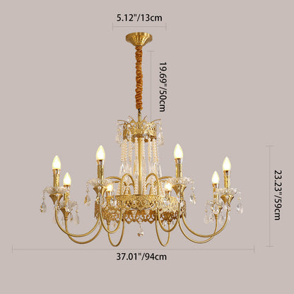 Traditional French Brass & Crystal Candle Branch 4/6/8-Light Chandelier For Bedroom & Living Room