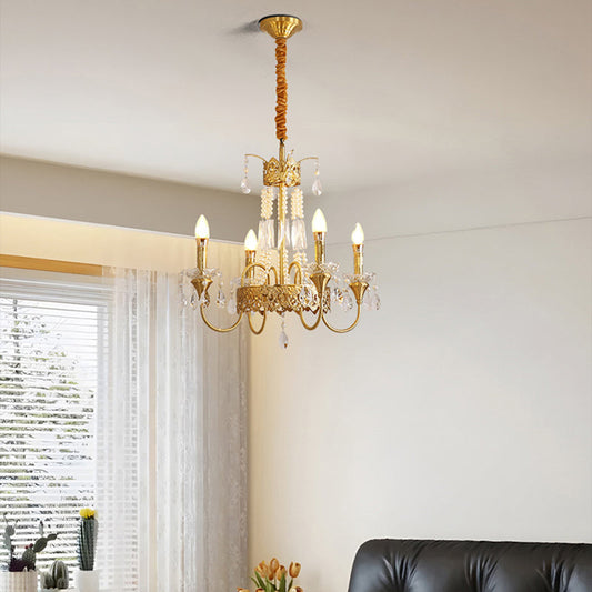 Traditional French Brass & Crystal Candle Branch 4/6/8-Light Chandelier For Bedroom & Living Room
