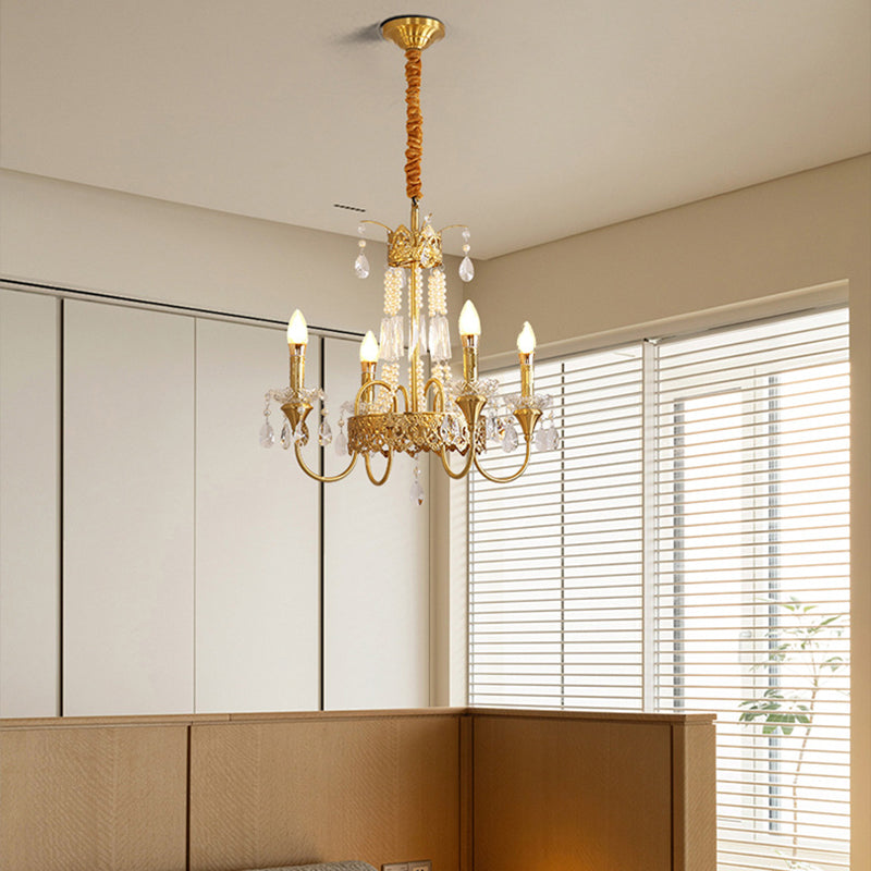 Traditional French Brass & Crystal Candle Branch 4/6/8-Light Chandelier For Bedroom & Living Room