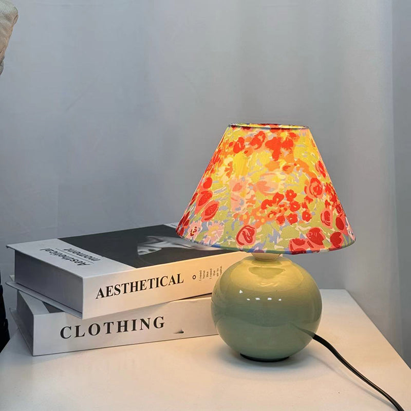 Modern Art Deco Ceramic & Fabric Round 1-Light Table Lamp For Bedroom & Living Room