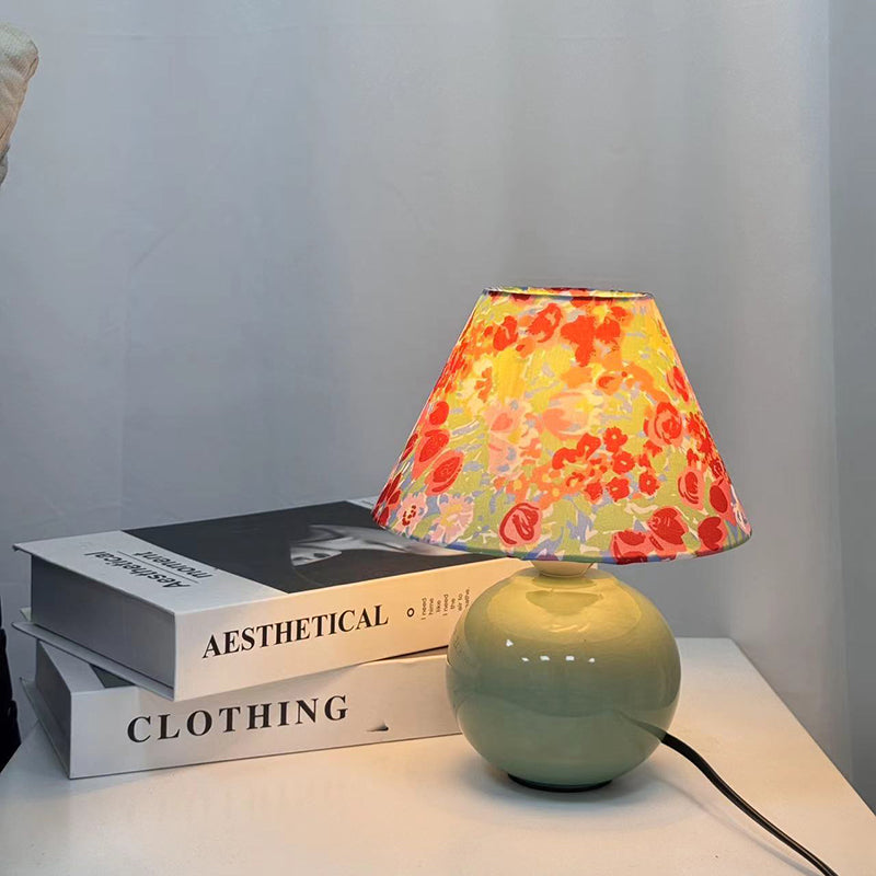 Modern Art Deco Ceramic & Fabric Round 1-Light Table Lamp For Bedroom & Living Room