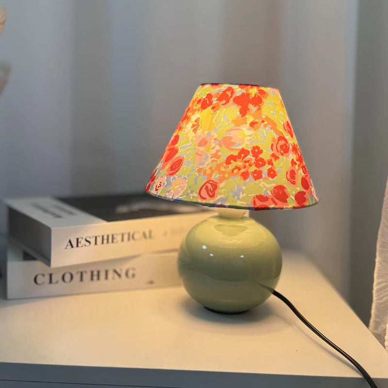 Modern Art Deco Ceramic & Fabric Round 1-Light Table Lamp For Bedroom & Living Room