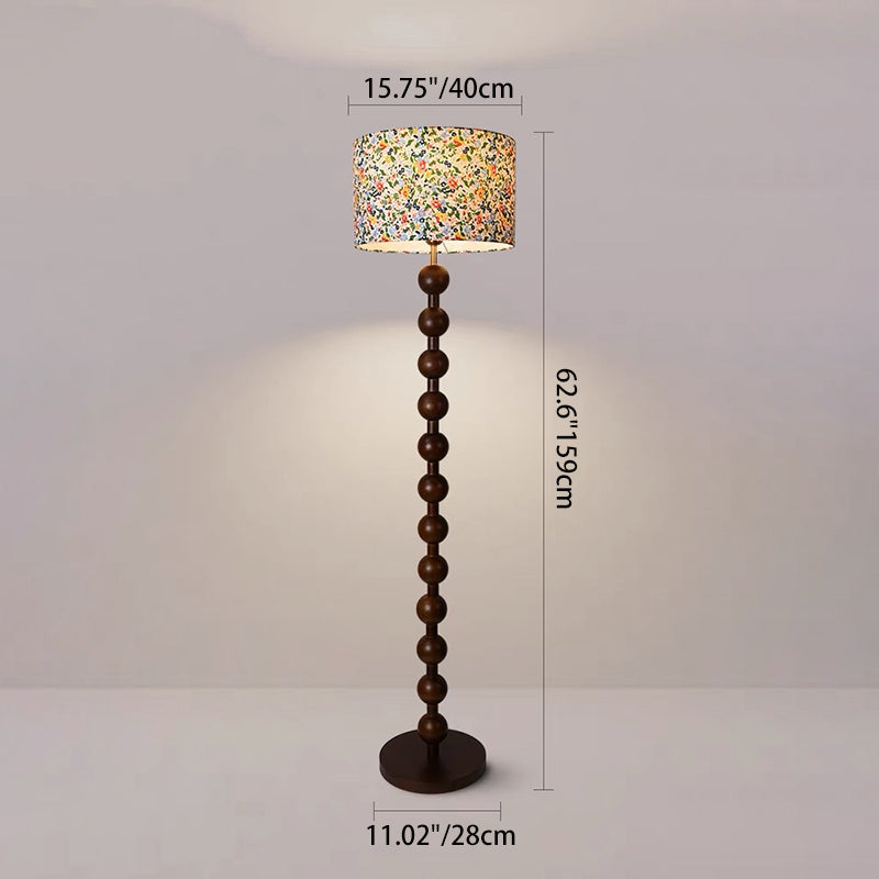 Traditional Vintage Wood & Fabric Round 1-Light Standing Floor Lamp For Bedroom & Living Room