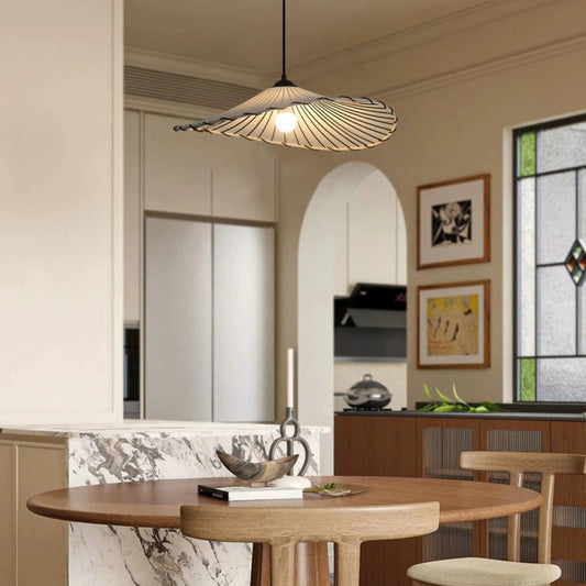 Traditional Japanese Fabric & Iron Lotus-Shaped Round 1-Light Pendant Light For Dining Room & Living Room