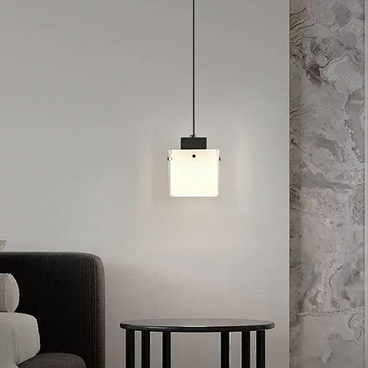 Modern Minimalist Glass & Iron Square 1-Light Pendant Light With Adjustable Cord For Bedroom, Living Room, Dining Room