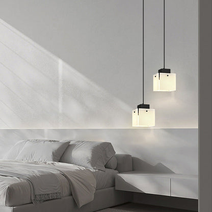 Modern Minimalist Glass & Iron Square 1-Light Pendant Light With Adjustable Cord For Bedroom, Living Room, Dining Room