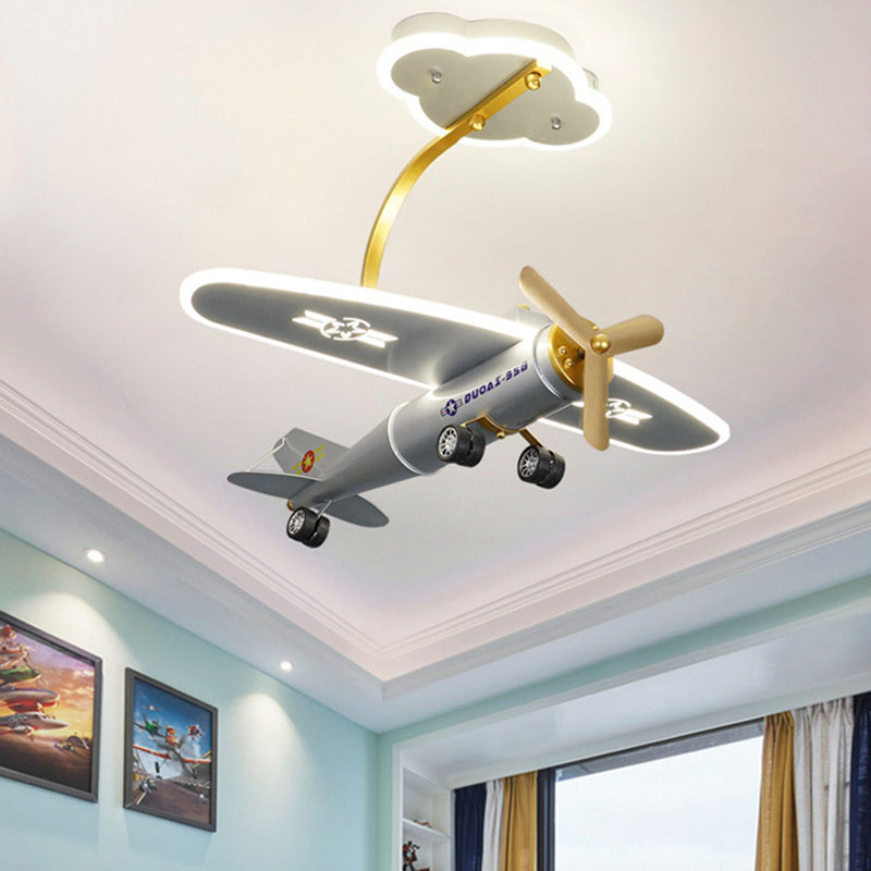 Contemporary Creative Metal & Acrylic Airplane Shape LED Semi-Flush Mount Ceiling Light For Kids Bedroom & Living Room