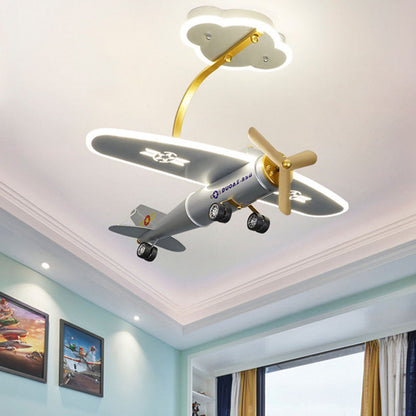 Contemporary Creative Metal & Acrylic Airplane Shape LED Semi-Flush Mount Ceiling Light For Kids Bedroom & Living Room