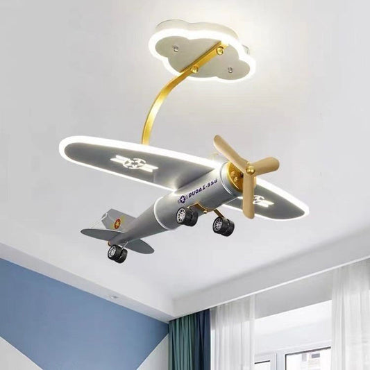 Contemporary Creative Metal & Acrylic Airplane Shape LED Semi-Flush Mount Ceiling Light For Kids Bedroom & Living Room