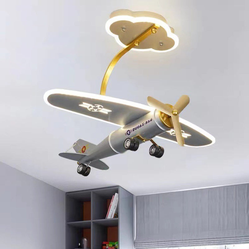 Contemporary Creative Metal & Acrylic Airplane Shape LED Semi-Flush Mount Ceiling Light For Kids Bedroom & Living Room