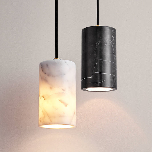 Modern Minimalist Brass & Marble Cylinder 1-Light Pendant Light For Bedroom, Living Room & Dining Room