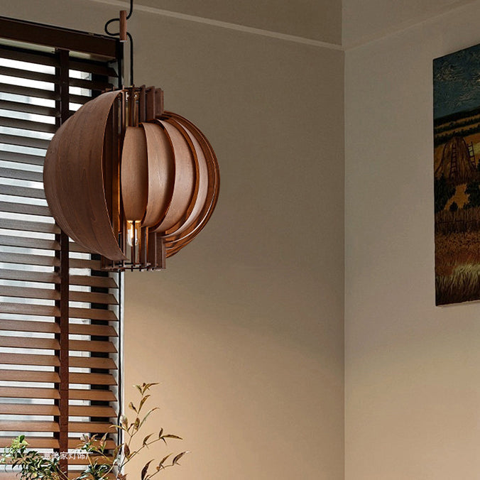 Traditional French Wood & Metal Globe 1-Light Pendant Light With Adjustable Cord For Bedroom, Dining Room & Living Room