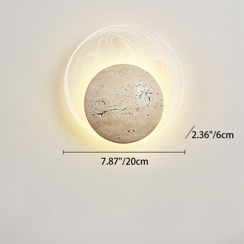 Traditional Japanese Stone Glass Round LED Wall Sconce Lamp For Bedroom & Living Room
