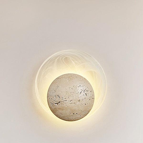 Traditional Japanese Stone Glass Round LED Wall Sconce Lamp For Bedroom & Living Room