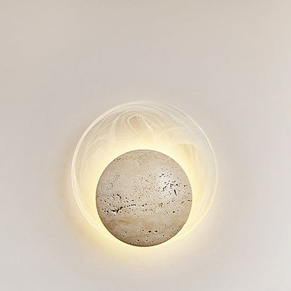 Traditional Japanese Stone Glass Round LED Wall Sconce Lamp For Bedroom & Living Room