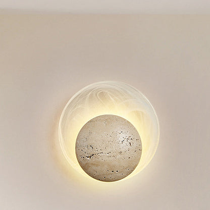 Traditional Japanese Stone Glass Round LED Wall Sconce Lamp For Bedroom & Living Room