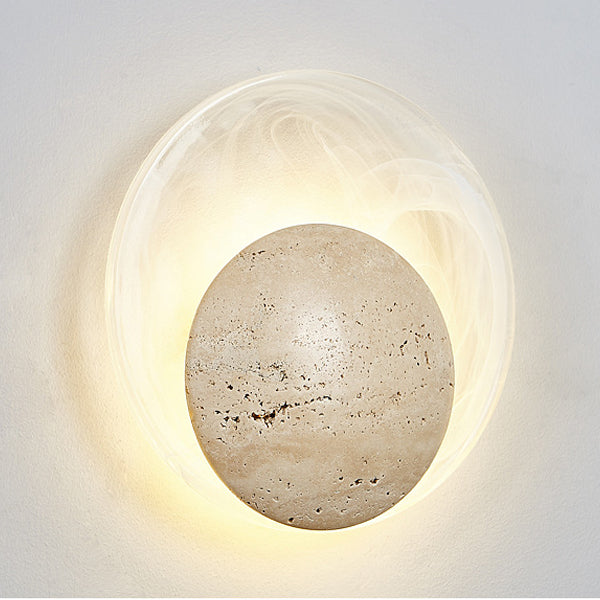 Traditional Japanese Stone Glass Round LED Wall Sconce Lamp For Bedroom & Living Room