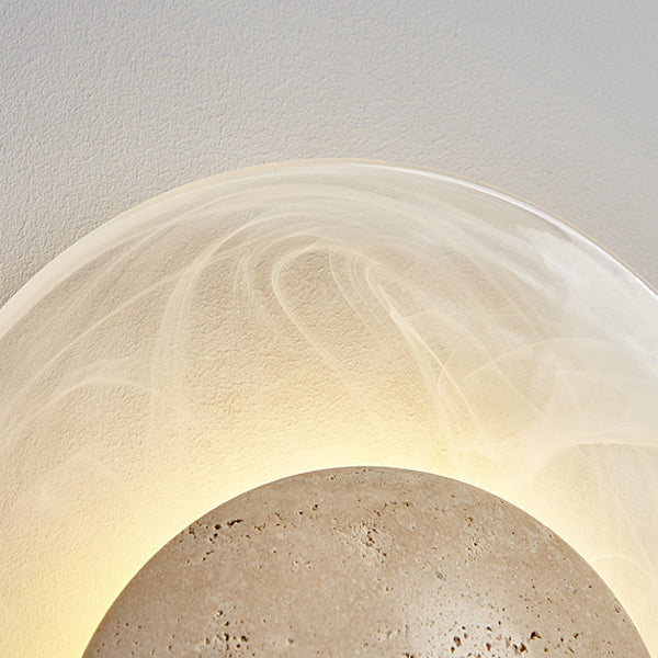 Traditional Japanese Stone Glass Round LED Wall Sconce Lamp For Bedroom & Living Room
