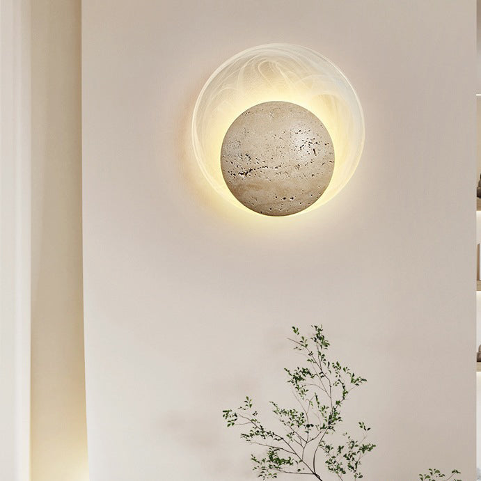 Traditional Japanese Stone Glass Round LED Wall Sconce Lamp For Bedroom & Living Room