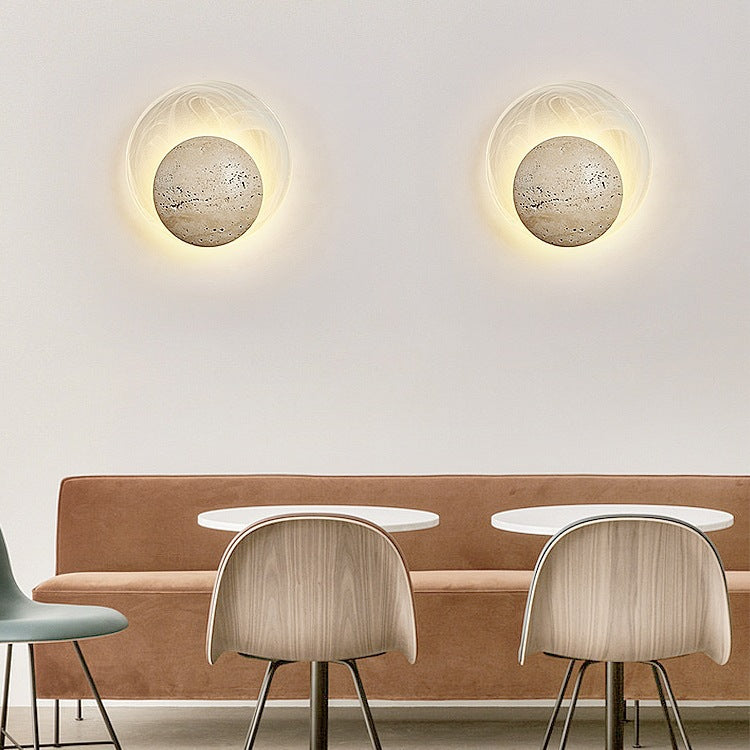 Traditional Japanese Stone Glass Round LED Wall Sconce Lamp For Bedroom & Living Room