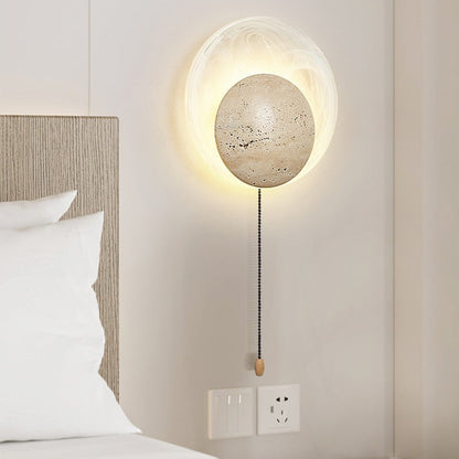 Traditional Japanese Stone Glass Round LED Wall Sconce Lamp For Bedroom & Living Room