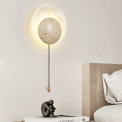 Traditional Japanese Stone Glass Round LED Wall Sconce Lamp For Bedroom & Living Room