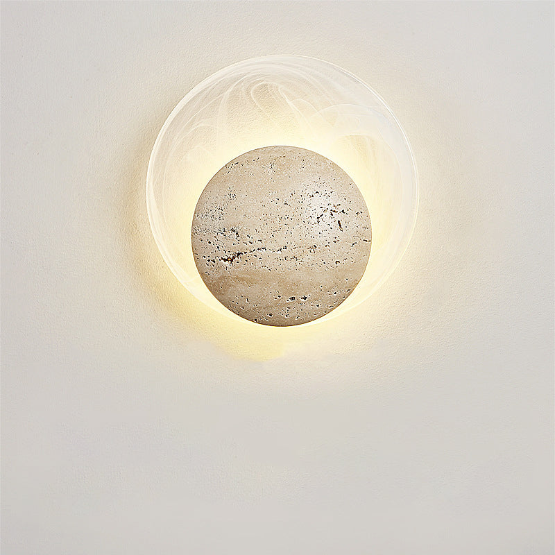 Traditional Japanese Stone Glass Round LED Wall Sconce Lamp For Bedroom & Living Room