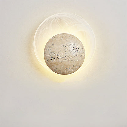 Traditional Japanese Stone Glass Round LED Wall Sconce Lamp For Bedroom & Living Room