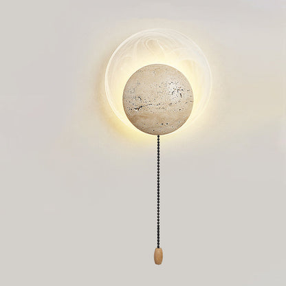Traditional Japanese Stone Glass Round LED Wall Sconce Lamp For Bedroom & Living Room