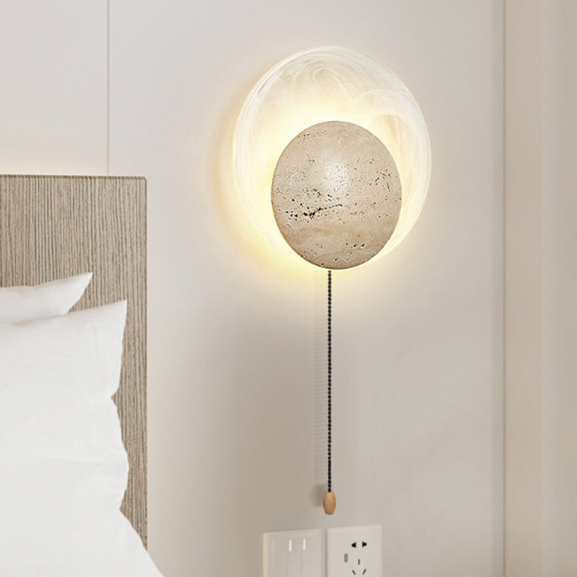 Traditional Japanese Stone Glass Round LED Wall Sconce Lamp For Bedroom & Living Room
