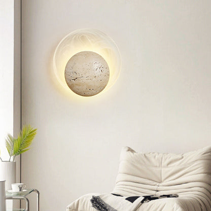 Traditional Japanese Stone Glass Round LED Wall Sconce Lamp For Bedroom & Living Room
