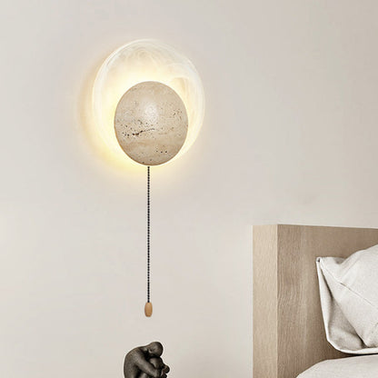 Traditional Japanese Stone Glass Round LED Wall Sconce Lamp For Bedroom & Living Room