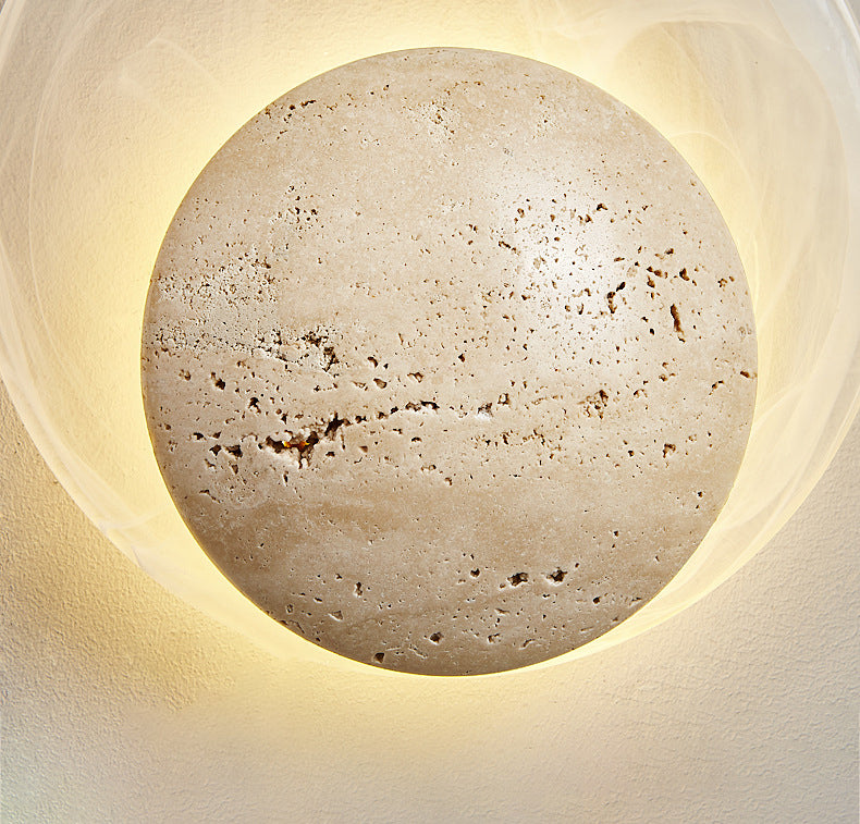 Traditional Japanese Stone Glass Round LED Wall Sconce Lamp For Bedroom & Living Room