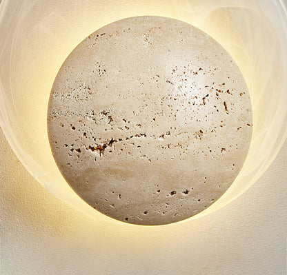 Traditional Japanese Stone Glass Round LED Wall Sconce Lamp For Bedroom & Living Room
